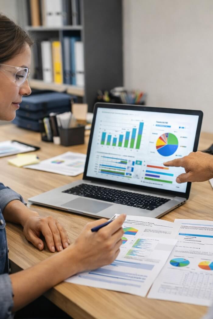 Researchers analysing survey questionnaire data on a screen, representing the collection of 600+ responses from teachers, staff and students across six countries