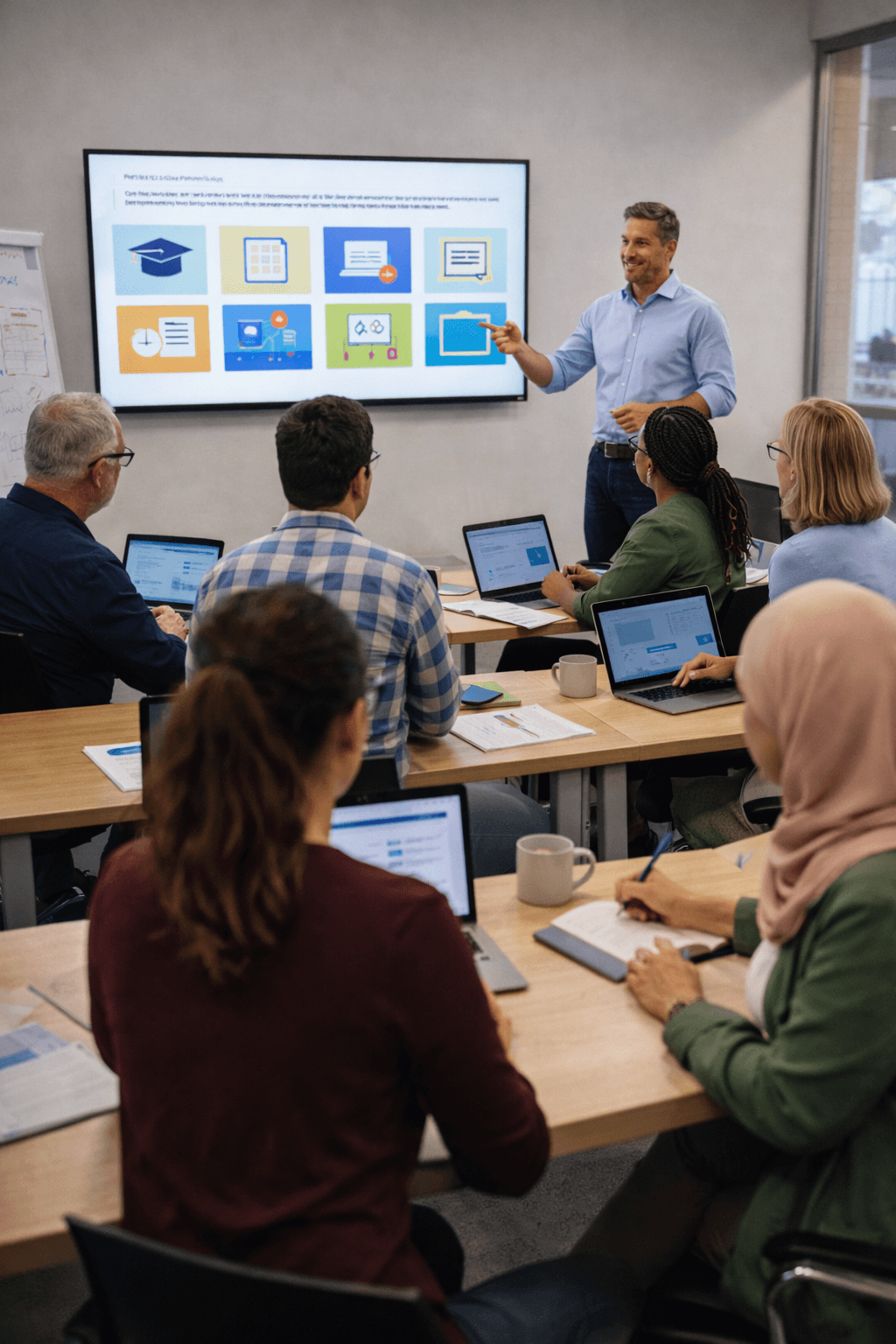 A group of educators collaborating during a professional development workshop, representing the blended training programme for 60 VET teachers across partner institutions