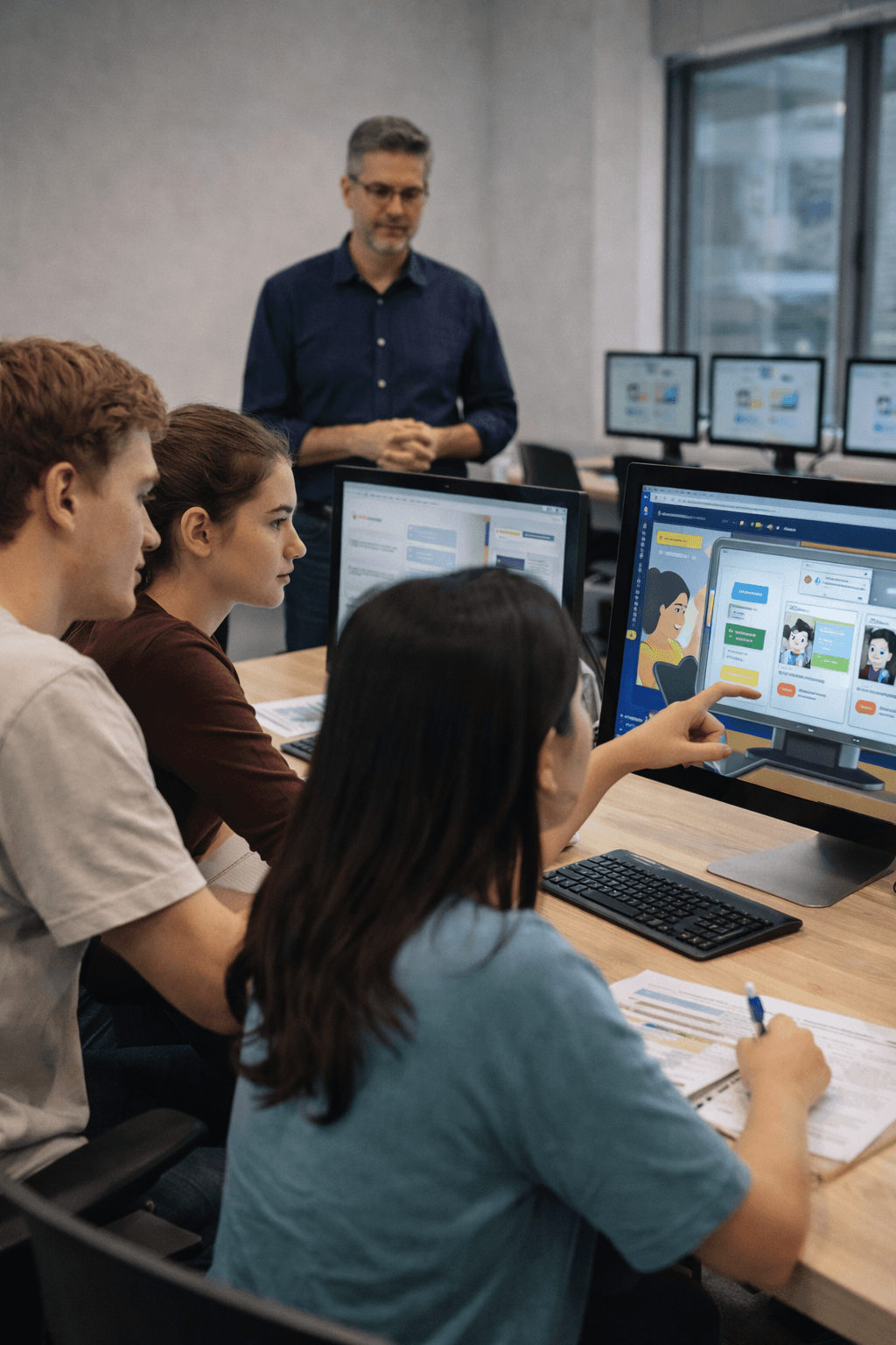 Students working on computers in a modern computer lab, representing the 180 VET students testing the AI-enhanced virtual simulation platform